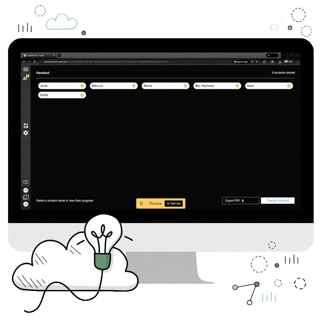 Use the "Export PDF" button to download student work from Individual Handouts