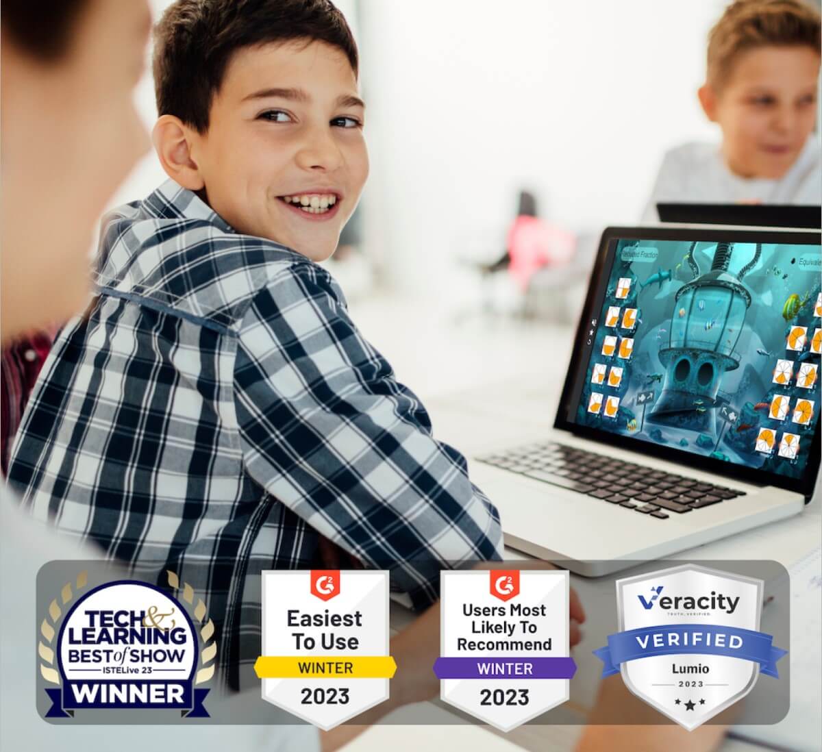 Smiling student engaging with a digital learning platform on a laptop in a classroom setting. Smiling student engaging with a digital learning platform on a laptop in a classroom setting.